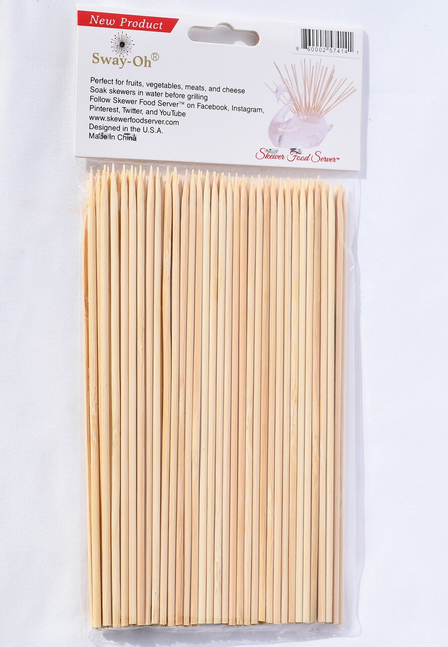 6" Natural Bamboo Skewers, 100 Count - Ø=2mm. Natural Bamboo. Strong, durable, bamboo skewers to display bite-sized fruits, vegetables, meats, cheese, desserts, and other appetizers.